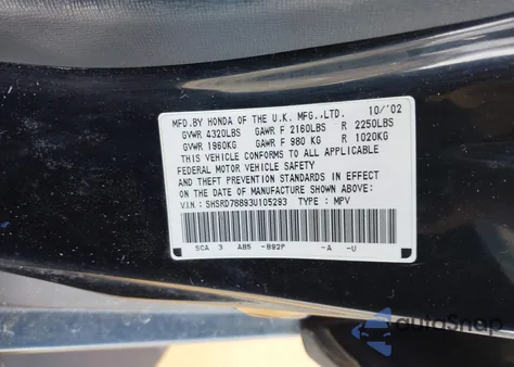 2003 Honda Cr-V Ex z USA, uszkodzony, nr VIN SHSRD78893U105293